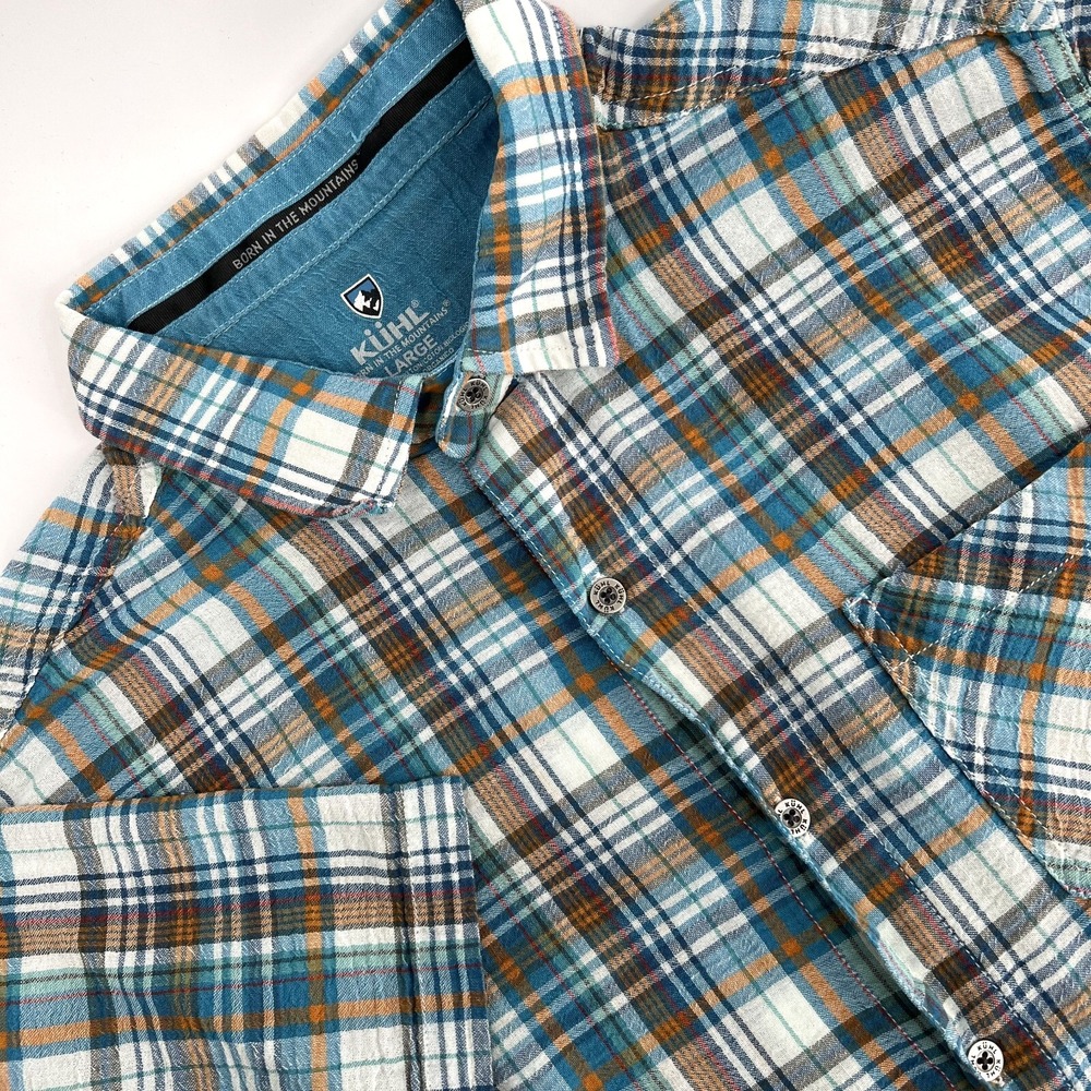 KUHL Men's Size L Plaid Organic Cotton Seersucker Button-Up Short-Sleeve Shirt
